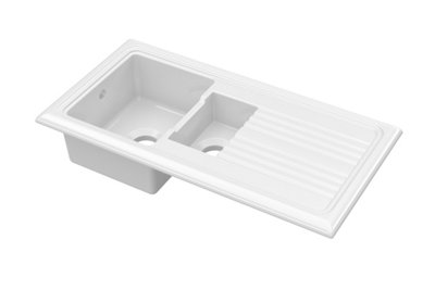 Fireclay Ceramic 1.5 Bowl Kitchen Sink & Grooved Drainer (Waste Sold ...