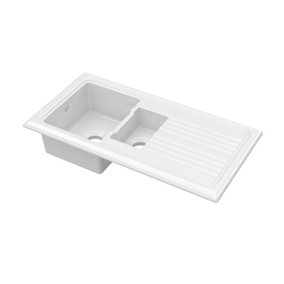 Fireclay Ceramic 1.5 Bowl Kitchen Sink & Grooved Drainer (Waste Sold Separately) - White - 1010mm - Balterley