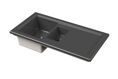 Fireclay Ceramic 1.5 Bowl Kitchen Sink & Plain Drainer - 1010mm - Soft Black