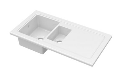 Fireclay Ceramic 1.5 Bowl Kitchen Sink & Plain Drainer - 1010mm - White