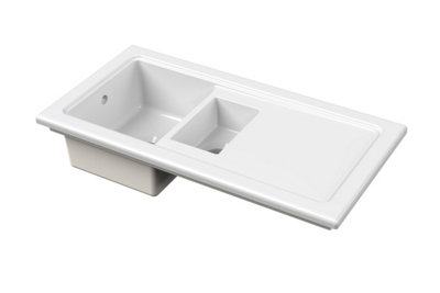 Fireclay Ceramic 1.5 Bowl Kitchen Sink & Plain Drainer (Waste Sold Separately) - 1010mm - White - Balterley