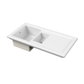 Fireclay Ceramic 1.5 Bowl Kitchen Sink & Plain Drainer (Waste Sold Separately) - 1010mm - White - Balterley