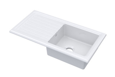 Fireclay Ceramic Single Bowl Kitchen Sink & Grooved Drainer (Waste Sold Separately) - White - 1010mm - Balterley