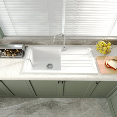 Fireclay Ceramic Single Bowl Kitchen Sink & Grooved Drainer (Waste Sold Separately) - White - 1010mm - Balterley