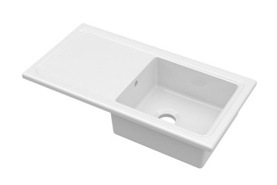 Fireclay Ceramic Single Bowl Kitchen Sink & Plain Drainer - 1010mm - White