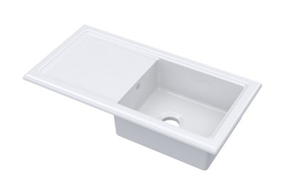 Fireclay Ceramic Single Bowl Kitchen Sink & Plain Drainer (Waste Sold Separately) - 1010mm - White - Balterley