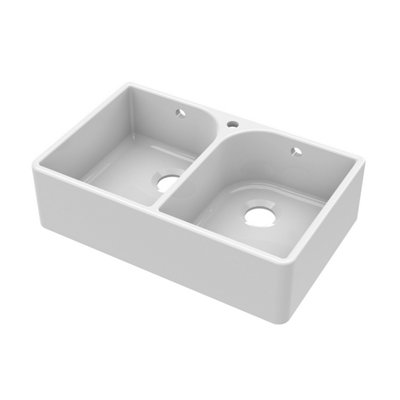Fireclay Double Bowl Full Weir Butler Kitchen Sink, Overflow & Tap Hole 795mm