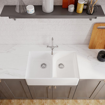 Fireclay Double Bowl Full Weir Butler Sink, French Classic Tap & Waste Bundle - 795mm - Balterley