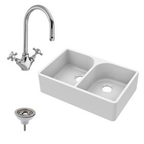 Fireclay Double Bowl Full Weir Butler Sink, Mono Sink Mixer & Waste Bundle - 795mm - Balterley