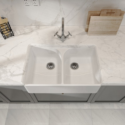 Fireclay Double Bowl Full Weir Butler Sink - No Overflow, No Tap Hole (Waste Sold Separately) - 795mm - Balterley