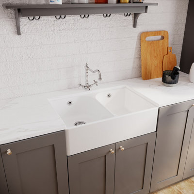 Fireclay Double Bowl Full Weir Butler Sink with Overflow, French Classic Tap & Waste Bundle - 795mm - Balterley