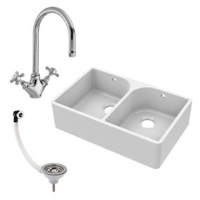 Fireclay Double Bowl Full Weir Butler Sink with Overflow, Mono Sink Mixer & Waste Bundle - 795mm - Balterley