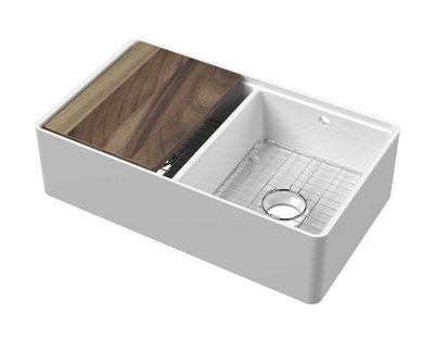 Fireclay Double Bowl Kitchen Sink with Thin Edge, Flush Weir and Overflows, Work Station and Grid - 795mm - Balterley