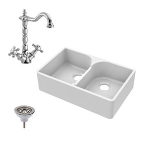 Fireclay Double Bowl Stepped Weir Butler Sink, French Classic Tap & Waste Bundle - 795mm - Balterley
