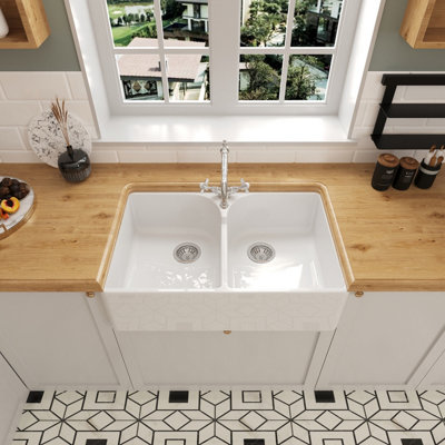 Fireclay Double Bowl Stepped Weir Butler Sink, French Classic Tap & Waste Bundle - 795mm - Balterley