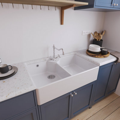 Fireclay Double Bowl Stepped Weir Butler Sink with Overflow, 1 Tap Hole Ledge, Classic Tap & Waste Bundle - 895mm - Balterley