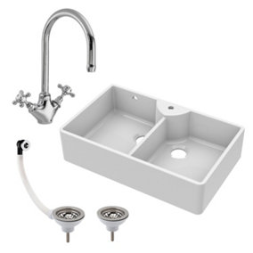 Fireclay Double Bowl Stepped Weir Butler Sink with Overflow, 1 Tap Hole Ledge, Mono Sink Mixer & Waste Bundle - 895mm - Balterley