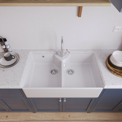 Fireclay Double Bowl Stepped Weir Butler Sink with Overflow, 1 Tap Hole Ledge, Mono Sink Mixer & Waste Bundle - 895mm - Balterley