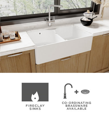 Fireclay Double Bowl Stepped Weir Butler Sink with Overflow, French Classic Tap & Waste Bundle - 795mm - Balterley