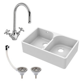 Fireclay Double Bowl Stepped Weir Butler Sink with Overflow, Mono Sink Mixer & Waste Bundle - 795mm - Balterley