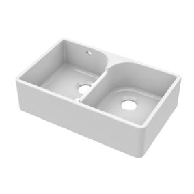 Fireclay Double Bowl Stepped Weir Butler Sink - with Overflow, No Tap Hole (Waste Sold Separately) - 795mm - Balterley