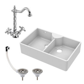 Fireclay Double Bowl Stepped Weir Butler Sink with Overflow, Tap Ledge, French Classic Tap & Waste Bundle - 895mm - Balterley