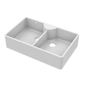 Fireclay Double Bowl Stepped Weir Butler Sink - With Tap Ledge and Overflow, No Tap Hole - 895mm