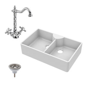 Fireclay Double Bowl Stepped Weir Butler Sink with Tap Ledge, French Classic Tap & Waste Bundle - 895mm - Balterley