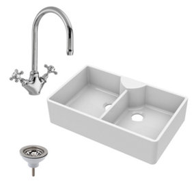 Fireclay Double Bowl Stepped Weir Butler Sink with Tap Ledge, Mono Sink Mixer & Waste Bundle - 895mm - Balterley