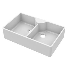 Fireclay Double Bowl Stepped Weir Butler Sink - With Tap Ledge, No Overflow, No Tap Hole - 895mm