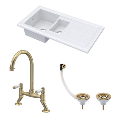 Fireclay Kitchen Bundle - 1.5 Bowl Sink & Drainer, Waste & Bridge Lever Tap, 1010mm - Brushed Brass - Balterley