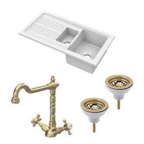 Fireclay Kitchen Bundle - 1.5 Bowl Sink & Drainer, Waste & French Classic Tap, 1010mm - Brushed Brass - Balterley