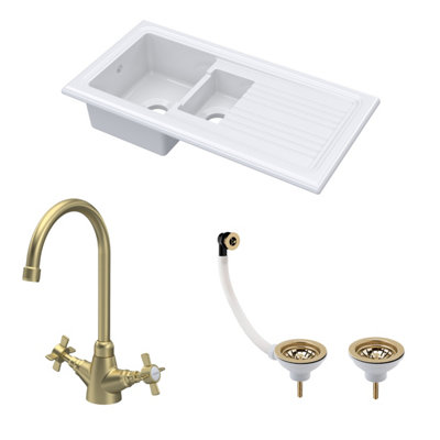 Fireclay Kitchen Bundle - 1.5 Bowl Sink & Drainer, Waste & Mono Crosshead Tap, 1010mm - Brushed Brass - Balterley