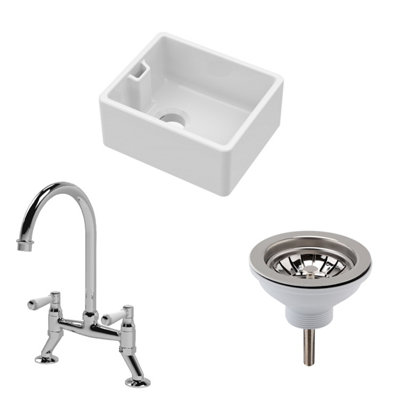 Fireclay Kitchen Bundle - Compact Single Bowl Belfast Sink, Strainer Waste & Bridge Mixer Tap, 460mm - Chrome - Balterley