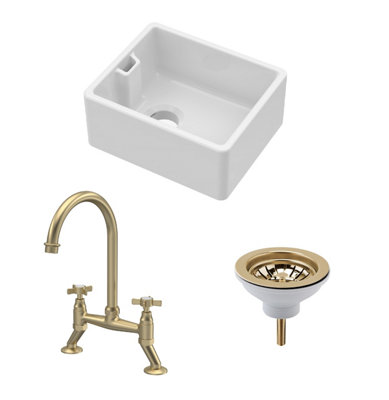 Fireclay Kitchen Bundle - Compact Single Bowl Belfast Sink, Strainer Waste & Bridge Tap, 460mm - Brushed Brass - Balterley