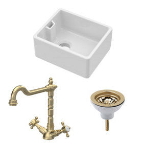 Fireclay Kitchen Bundle - Compact Single Bowl Belfast Sink, Strainer Waste & French Classic Tap, 460mm - Brushed Brass - Balterley
