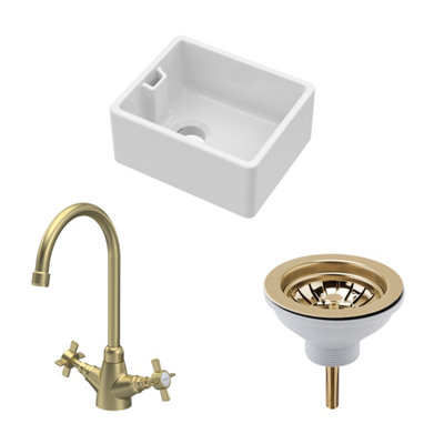 Fireclay Kitchen Bundle - Compact Single Bowl Belfast Sink, Strainer Waste & Mono Crosshead Tap, 460mm - Brushed Brass - Balterley