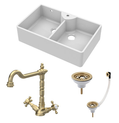 Fireclay Kitchen Bundle - Double Bowl 1 Tap Hole Butler Sink & Tap Hole, Wastes & Classic Tap, 895mm - Brushed Brass - Balterley