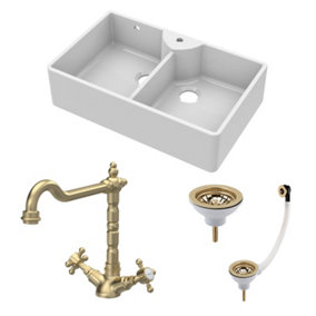 Fireclay Kitchen Bundle - Double Bowl 1 Tap Hole Butler Sink & Tap Hole, Wastes & Classic Tap, 895mm - Brushed Brass - Balterley