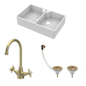 Fireclay Kitchen Bundle - Double Bowl 1 Tap Hole Butler Sink & Tap Hole, Wastes & Mono Tap, 895mm - Brushed Brass - Balterley