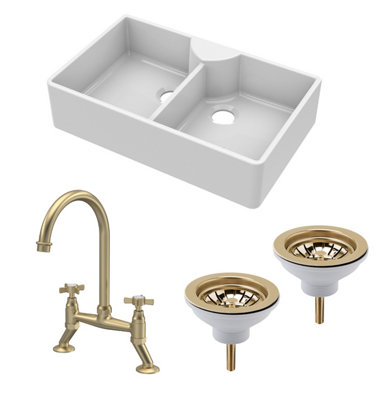 Fireclay Kitchen Bundle - Double Bowl Butler Sink, 2 x Wastes & Bridge Crosshead Tap, 895mm - Brushed Brass - Balterley