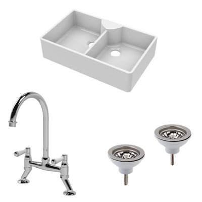 Fireclay Kitchen Bundle - Double Bowl Butler Sink, 2 x Wastes & Bridge Lever Tap, 895mm - Chrome - Balterley