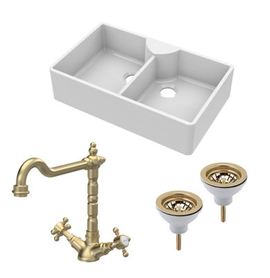 Fireclay Kitchen Bundle - Double Bowl Butler Sink, 2 x Wastes & French Classic Tap, 895mm - Brushed Brass - Balterley
