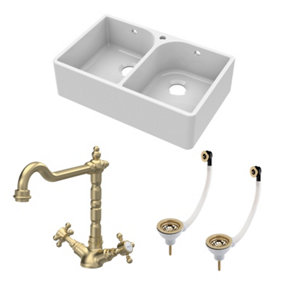 Fireclay Kitchen Bundle - Double Bowl Full Weir 1 Tap Hole Butler Sink, Wastes & Classic Tap, 795mm - Brushed Brass - Balterley