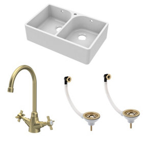 Fireclay Kitchen Bundle - Double Bowl Full Weir 1 Tap Hole Butler Sink, Wastes & Mono Tap, 795mm - Brushed Brass - Balterley