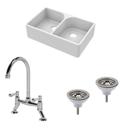 Fireclay Kitchen Bundle - Double Bowl Full Weir Butler Sink No Overflow, Wastes & Bridge Lever Tap, 795mm - Chrome - Balterley