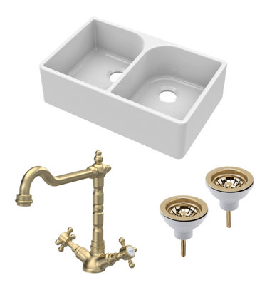 Fireclay Kitchen Bundle - Double Bowl Full Weir Butler Sink No Overflow, Wastes & Classic Tap, 795mm - Brushed Brass - Balterley