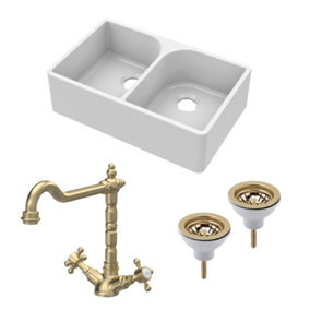 Fireclay Kitchen Bundle - Double Bowl Full Weir Butler Sink No Overflow, Wastes & Classic Tap, 795mm - Brushed Brass - Balterley
