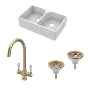 Fireclay Kitchen Bundle - Double Bowl Full Weir Butler Sink No Overflow, Wastes & Lever Tap, 795mm - Brushed Brass - Balterley