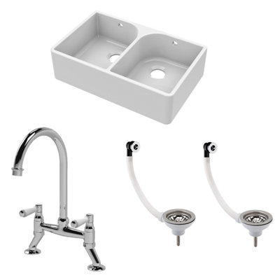 Fireclay Kitchen Bundle - Double Bowl Full Weir Butler Sink, Wastes & Bridge Lever Tap, 795mm - Chrome - Balterley